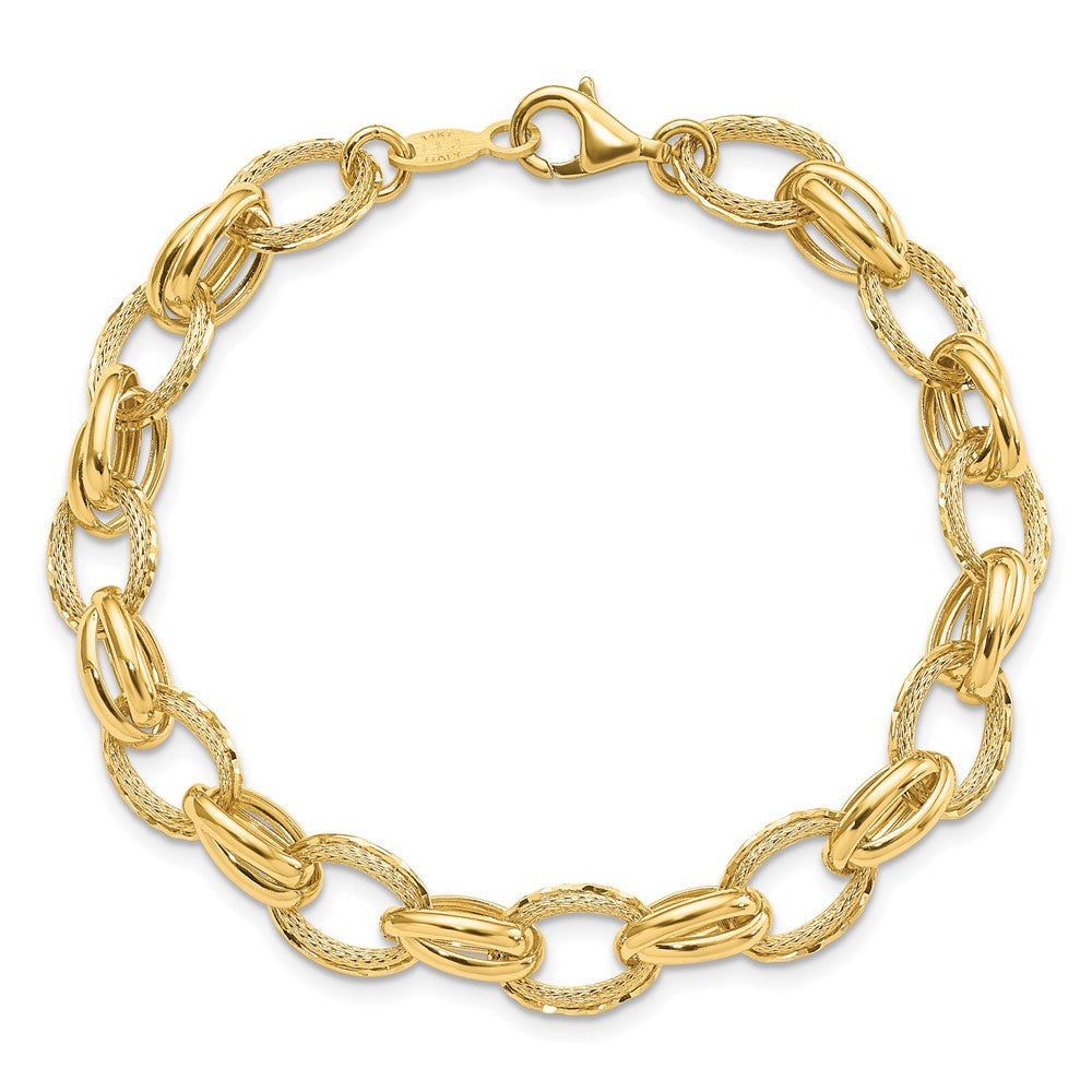 14K Yellow Gold Polished/Textured And Diamond Cut Fancy Link Bracelet
