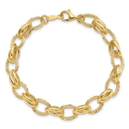 14K Yellow Gold Polished/Textured And Diamond Cut Fancy Link Bracelet