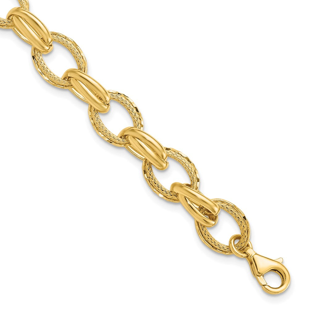 14K Yellow Gold Polished/Textured And Diamond Cut Fancy Link Bracelet
