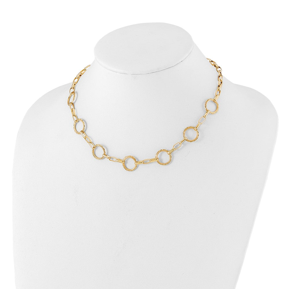 14K Yellow Gold Dia Cut And Textured Circles Fancy Link With 1In. Ext Necklace