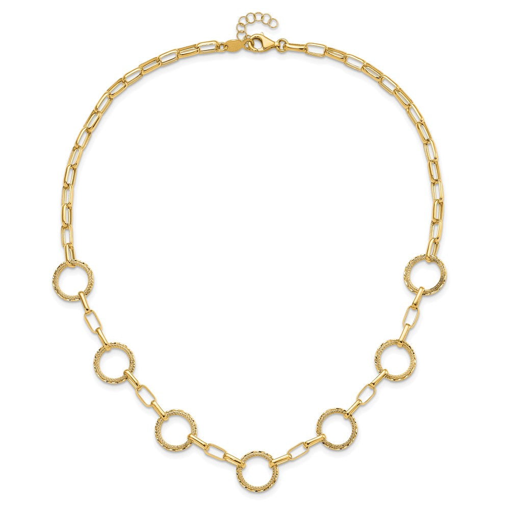 14K Yellow Gold Dia Cut And Textured Circles Fancy Link With 1In. Ext Necklace