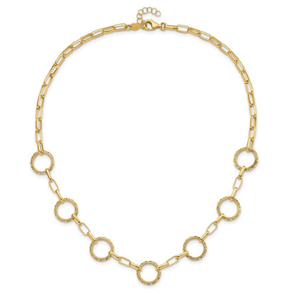 14K Yellow Gold Dia Cut And Textured Circles Fancy Link With 1In. Ext Necklace