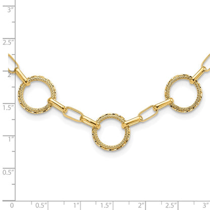 14K Yellow Gold Dia Cut And Textured Circles Fancy Link With 1In. Ext Necklace