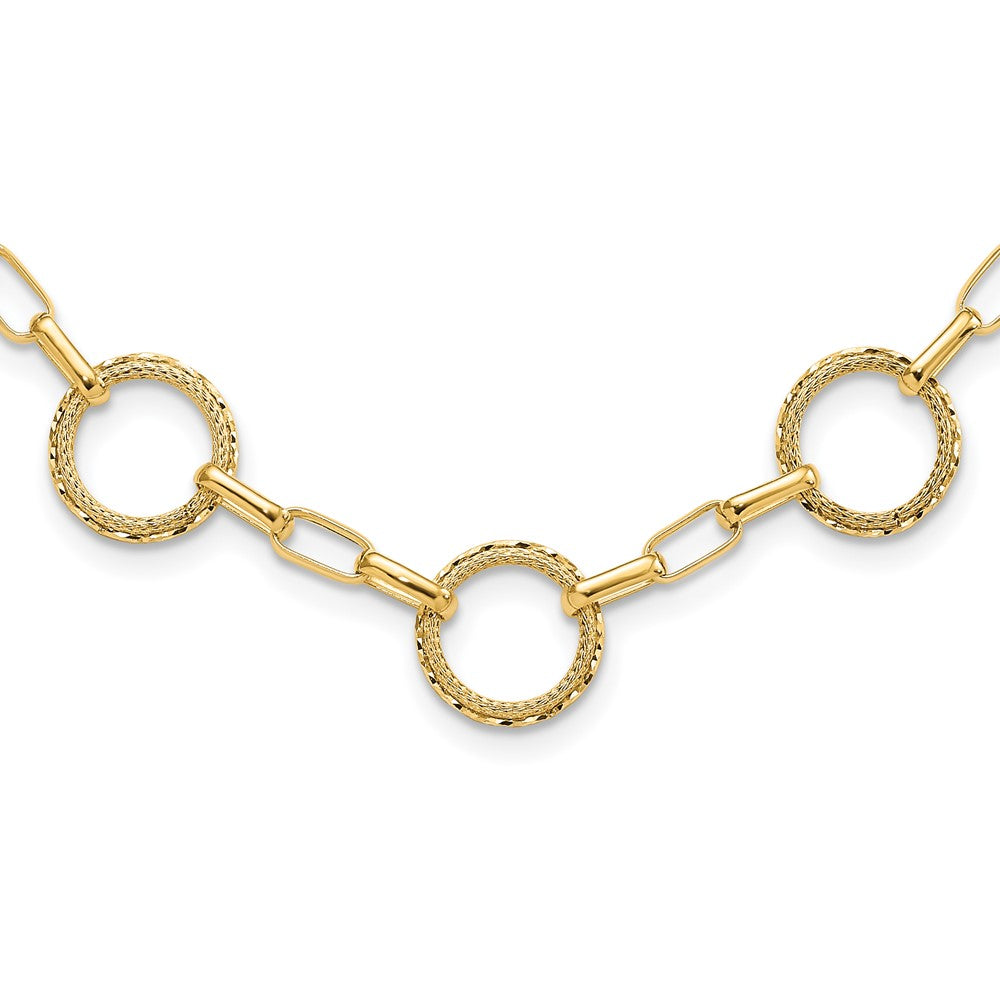 14K Yellow Gold Dia Cut And Textured Circles Fancy Link With 1In. Ext Necklace