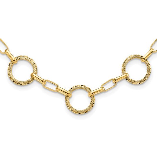 14K Yellow Gold Dia Cut And Textured Circles Fancy Link With 1In. Ext Necklace