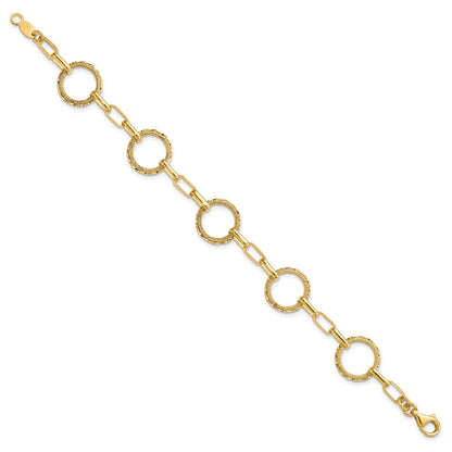 14K Yellow Gold Polished/Dia Cut/Textured Circles Fancy Link Bracelet