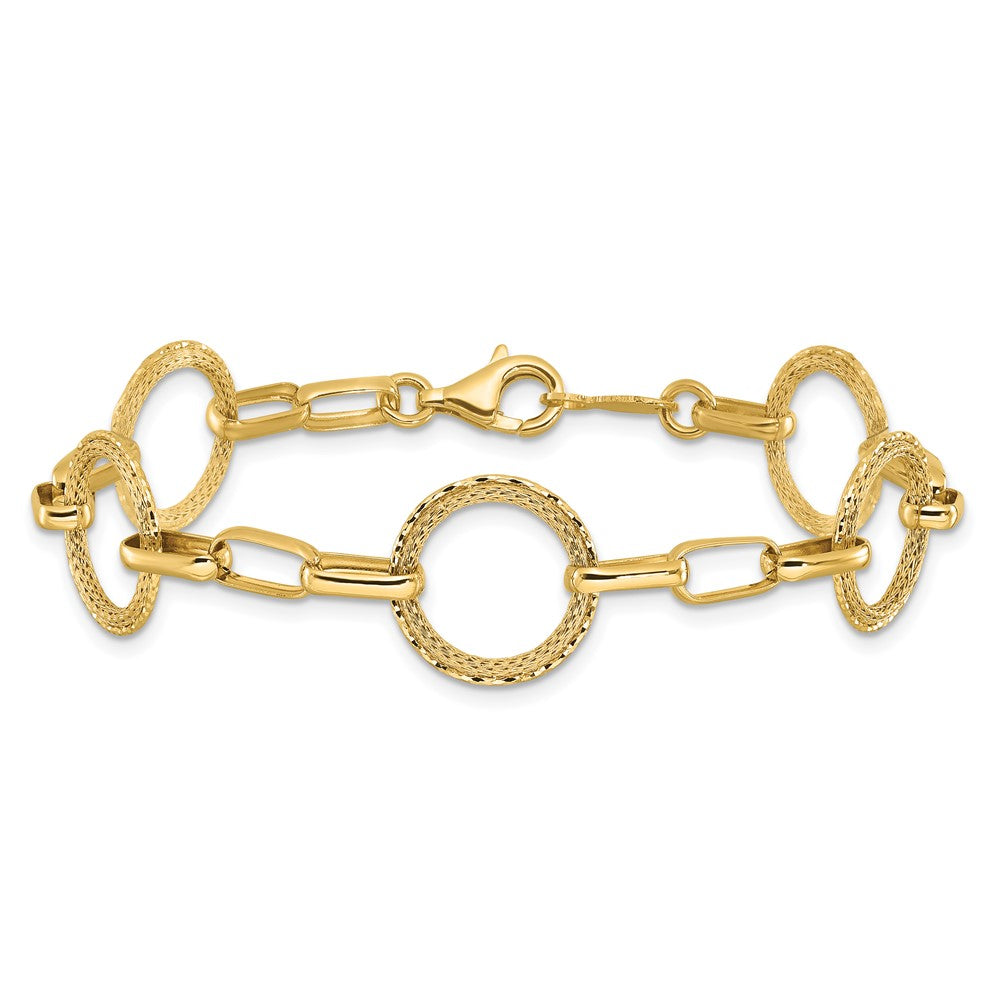 14K Yellow Gold Polished/Dia Cut/Textured Circles Fancy Link Bracelet