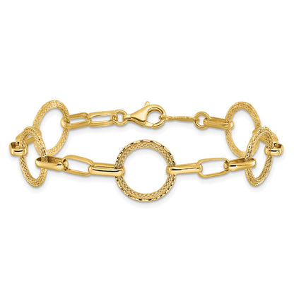 14K Yellow Gold Polished/Dia Cut/Textured Circles Fancy Link Bracelet