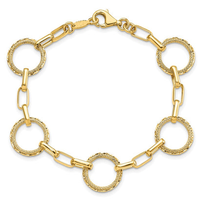 14K Yellow Gold Polished/Dia Cut/Textured Circles Fancy Link Bracelet