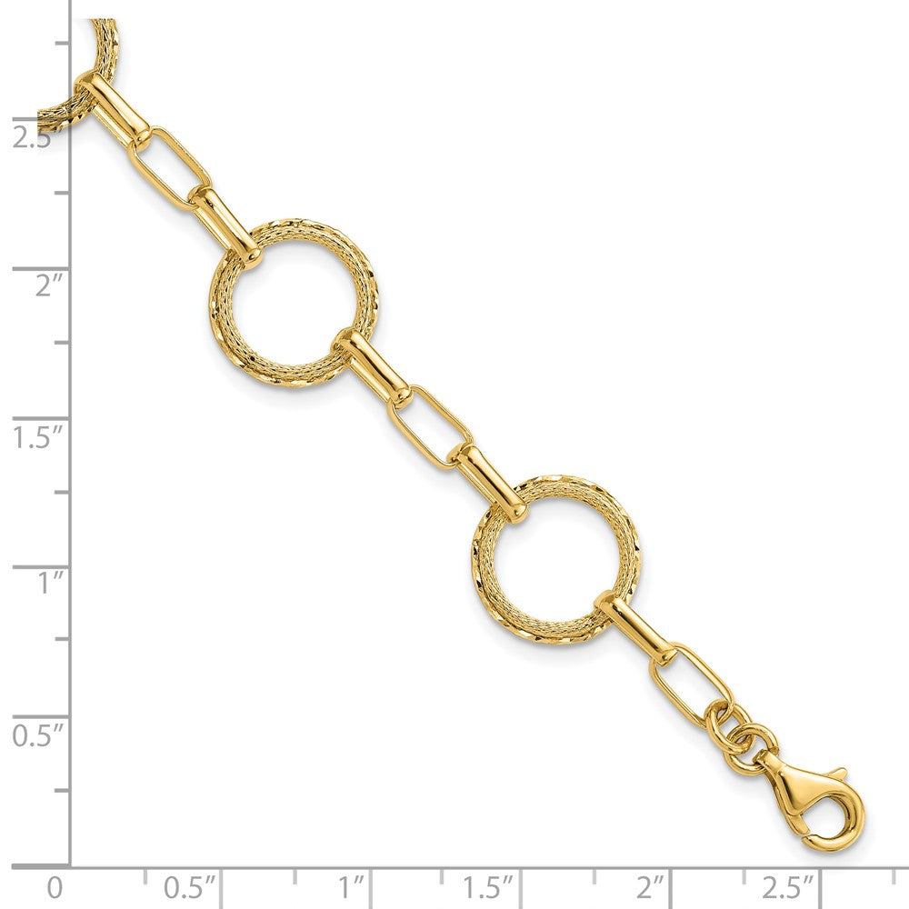 14K Yellow Gold Polished/Dia Cut/Textured Circles Fancy Link Bracelet
