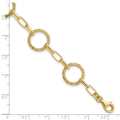 14K Yellow Gold Polished/Dia Cut/Textured Circles Fancy Link Bracelet