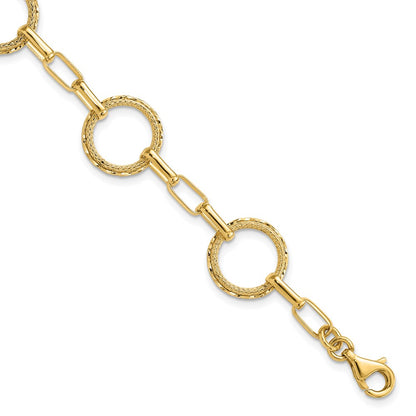 14K Yellow Gold Polished/Dia Cut/Textured Circles Fancy Link Bracelet