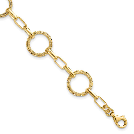 14K Yellow Gold Polished/Dia Cut/Textured Circles Fancy Link Bracelet
