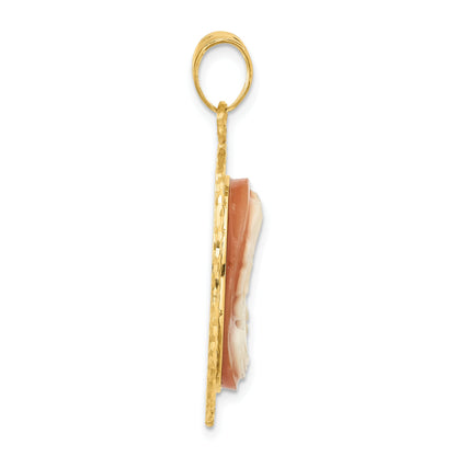 14K Yellow Gold Diamond Cut Natural Shell Portrait Cameo Pendant