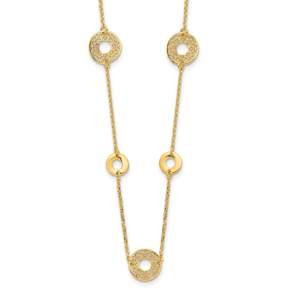 14K Yellow Gold Polished And Filigree Circle Stations With 1In. Ext. Necklace