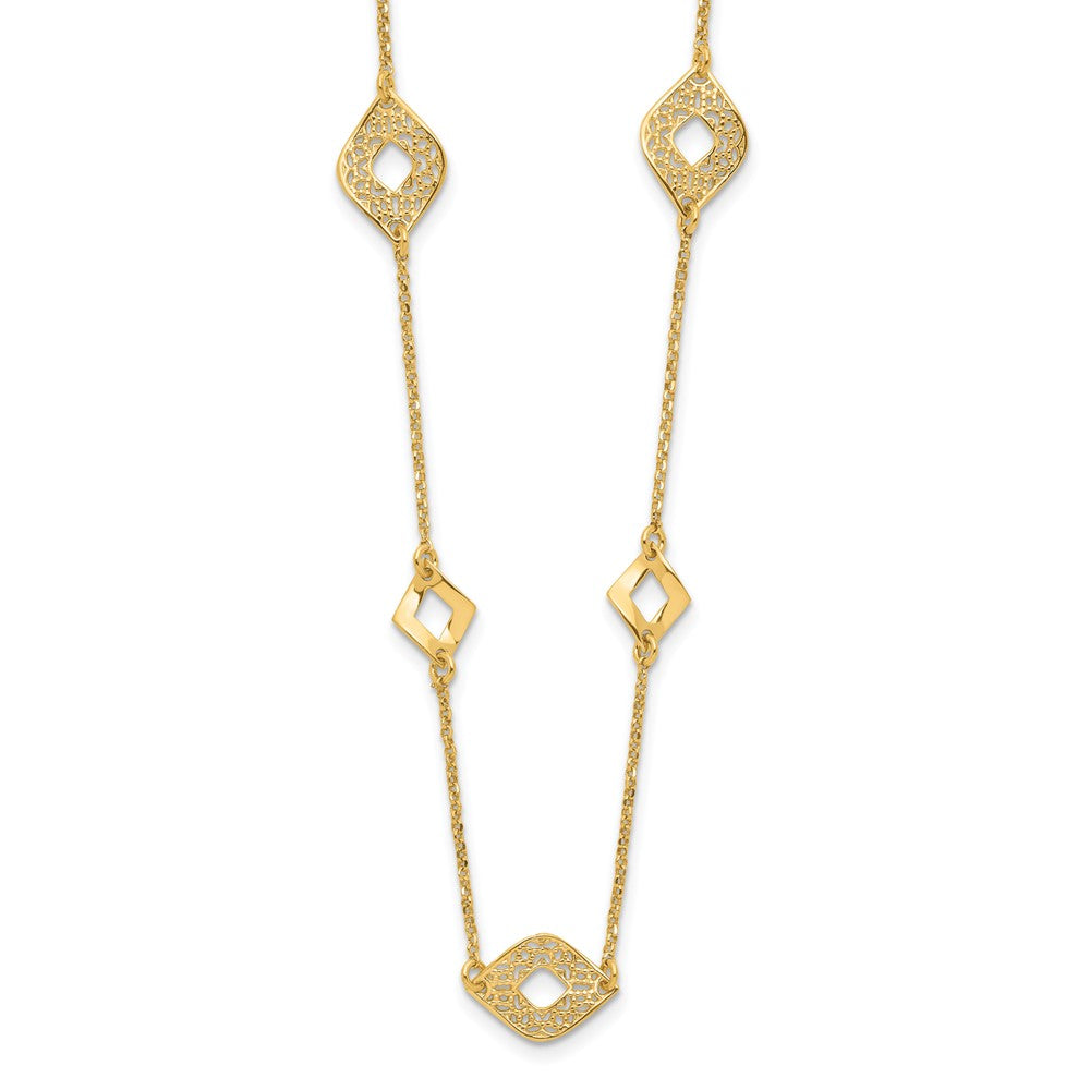 14K Yellow Gold Polished And Filigree Diamond Shape With 1In. Ext. Necklace