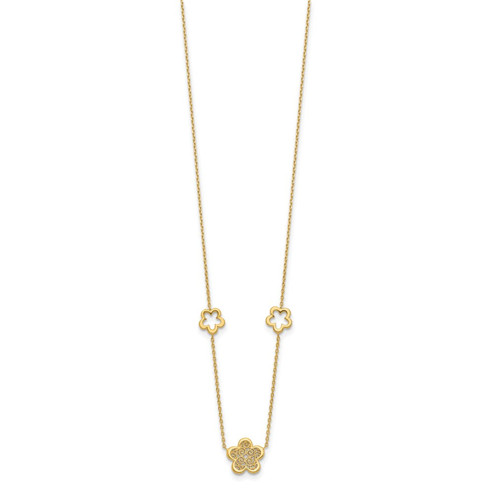14K Yellow Gold Polished And Filigree Flower Stations With 1In. Ext. Necklace