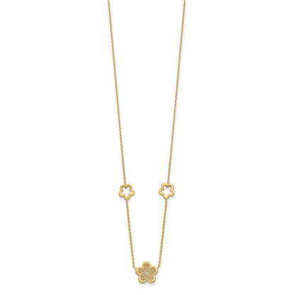 14K Yellow Gold Polished And Filigree Flower Stations With 1In. Ext. Necklace