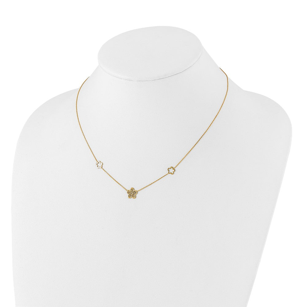 14K Yellow Gold Polished And Filigree Flower Stations With 1In. Ext. Necklace