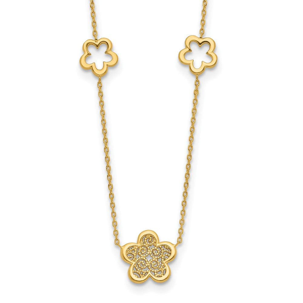 14K Yellow Gold Polished And Filigree Flower Stations With 1In. Ext. Necklace