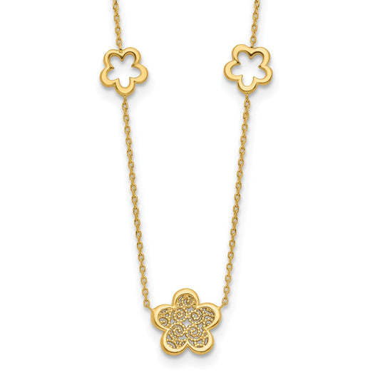 14K Yellow Gold Polished And Filigree Flower Stations With 1In. Ext. Necklace