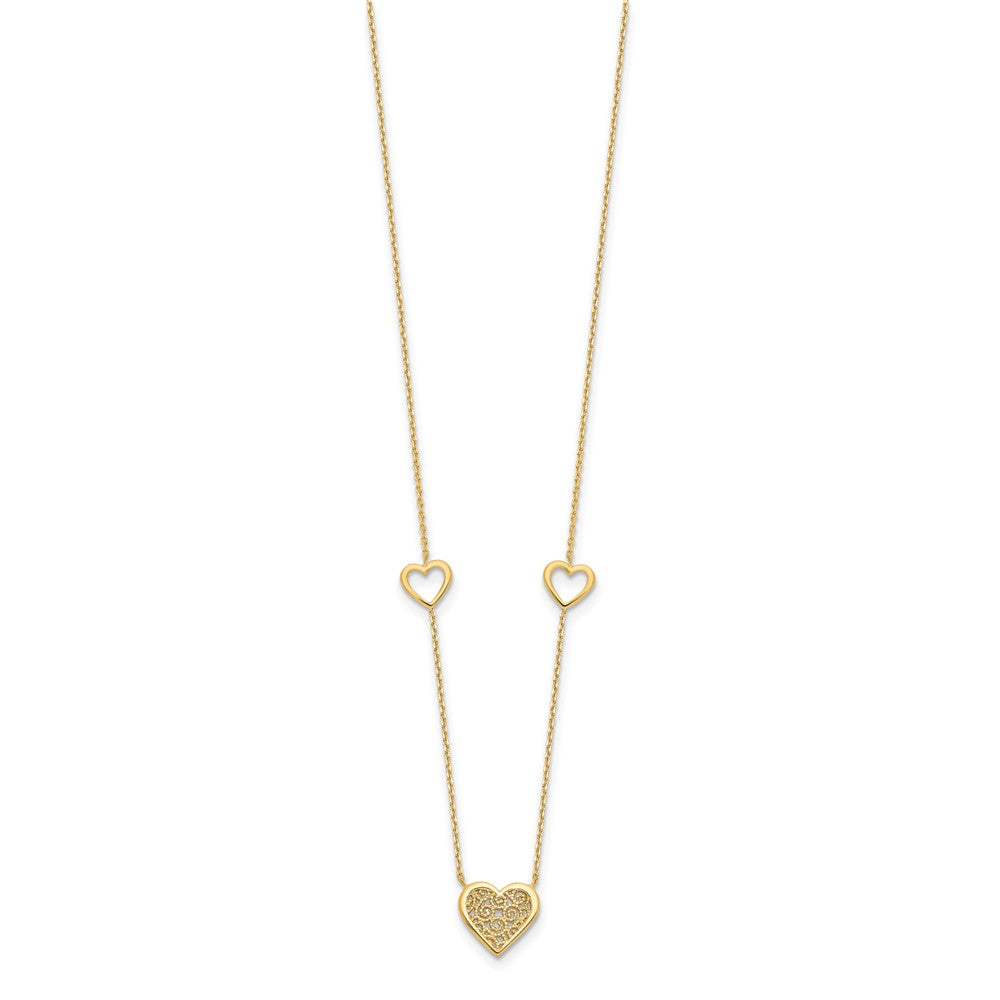 14K Yellow Gold Polished And Filigree Heart Stations With 1In. Ext. Necklace