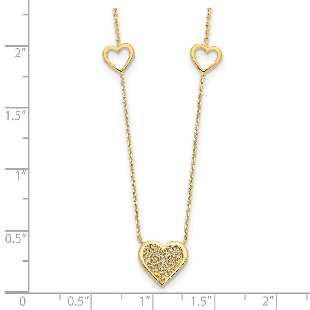14K Yellow Gold Polished And Filigree Heart Stations With 1In. Ext. Necklace