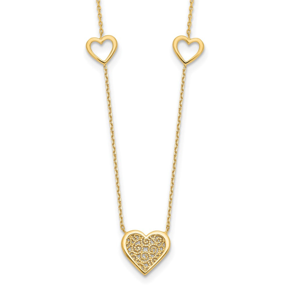 14K Yellow Gold Polished And Filigree Heart Stations With 1In. Ext. Necklace