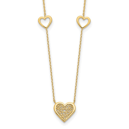 14K Yellow Gold Polished And Filigree Heart Stations With 1In. Ext. Necklace