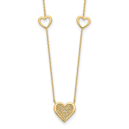 14K Yellow Gold Polished And Filigree Heart Stations With 1In. Ext. Necklace