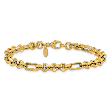 14K Yellow Gold Polished And Textured Fancy Link Bracelet