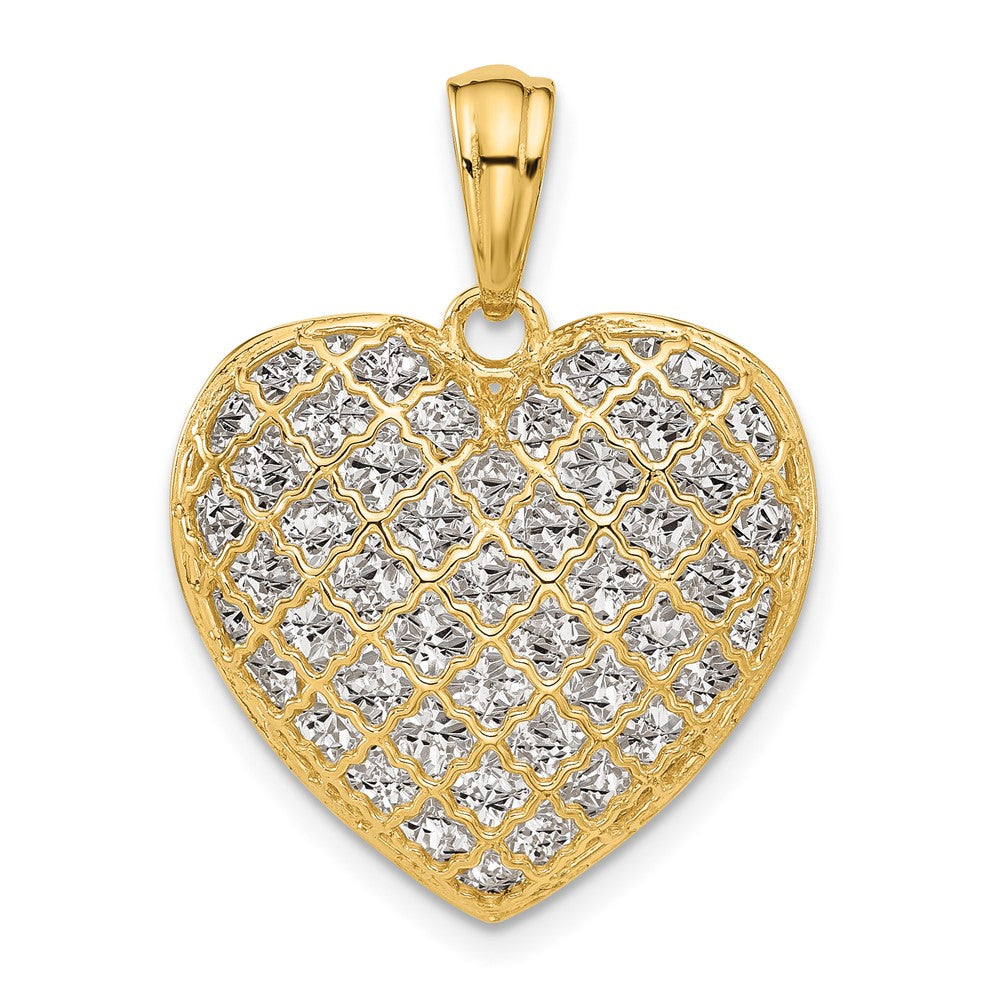 14K Two Tone Polished And Dia Cut Heart Pendant