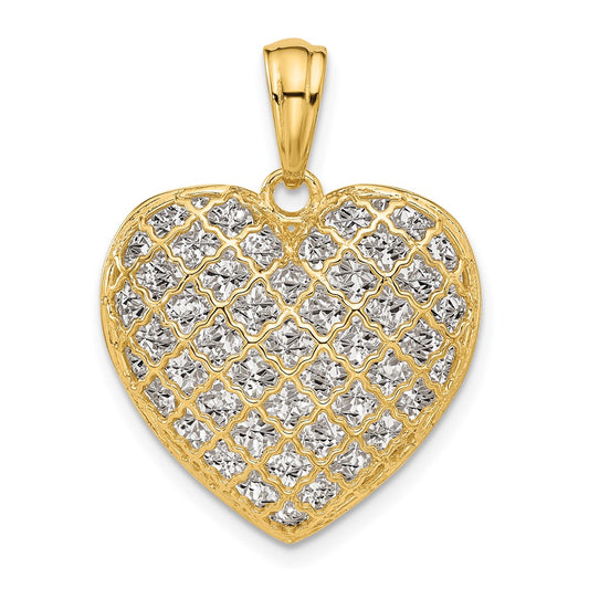 14K Two Tone Polished And Dia Cut Heart Pendant