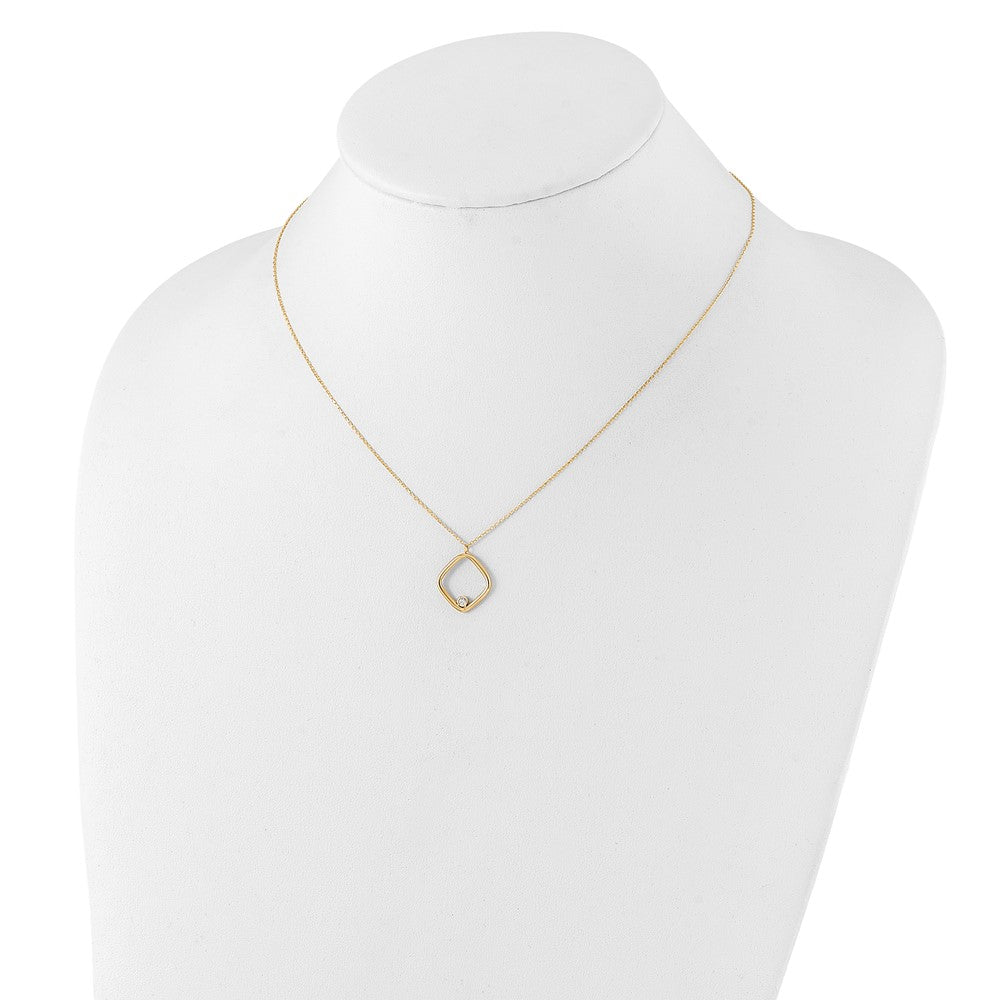 14K Yellow Gold With Rhodium Polished Cz Square Necklace