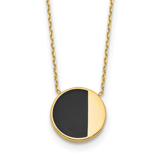 14K Yellow Gold With Black Enamel Polished Circle Necklace