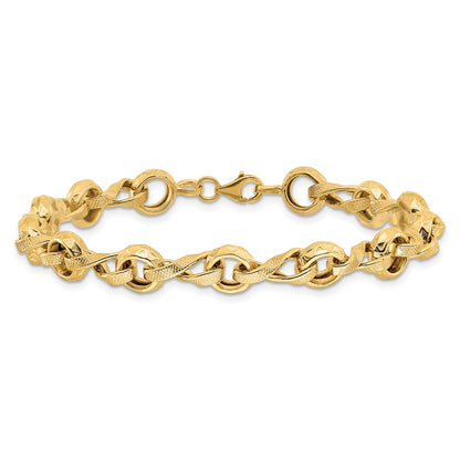 14K Yellow Gold Polished And Textured Fancy Link Bracelet