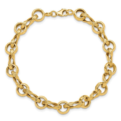 14K Yellow Gold Polished And Textured Fancy Link Bracelet