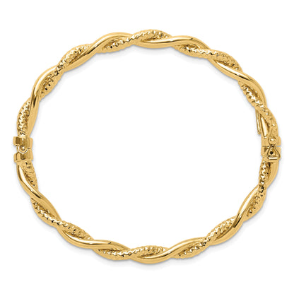 14K Yellow Gold Polished And Textured Twisted Hinged Bangle