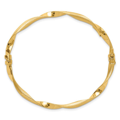 14K Yellow Gold Polished And Brushed Twisted Hinged Bangle
