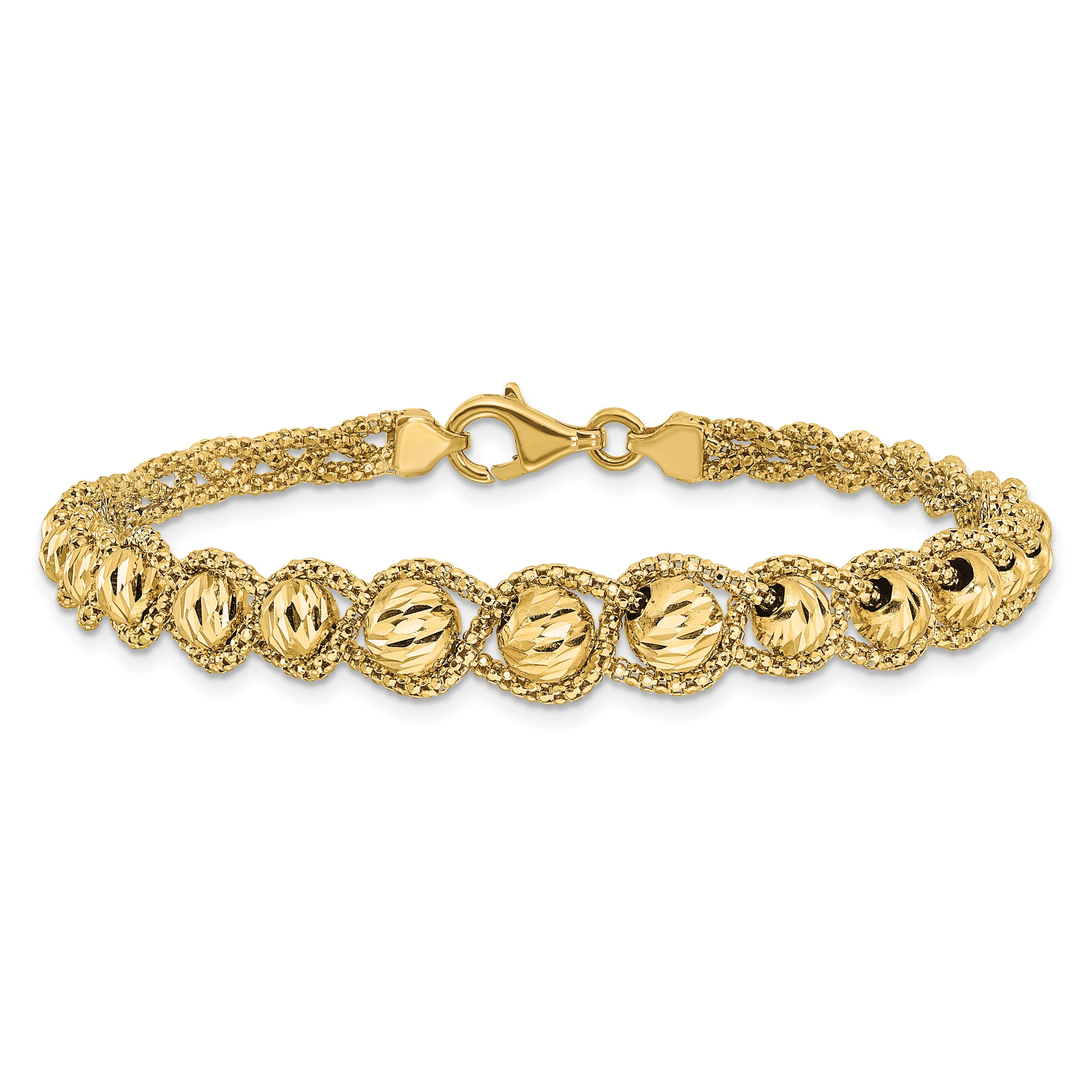 14K Yellow Gold Polished Textured And Diamond Cut Beaded Bracelet