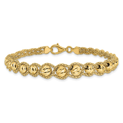 14K Yellow Gold Polished Textured And Diamond Cut Beaded Bracelet