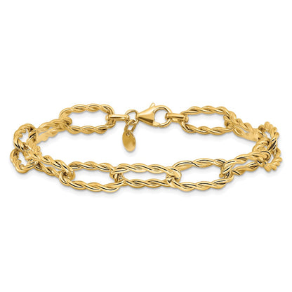 14K Yellow Gold Polished And Textured Twisted Link Bracelet