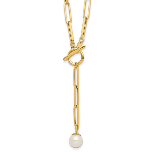 14K Yellow Gold Polished Freshwater Cultured Pearl Fancy Link Toggle Necklace