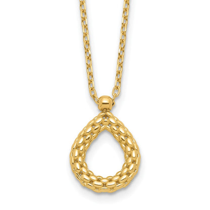 14K Yellow Gold Polished And Textured Teardrop With .5In Ext. Necklace