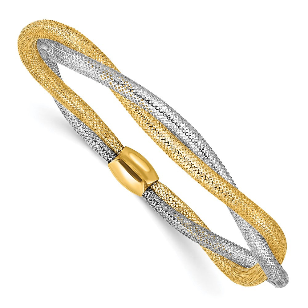 14K Yellow & Rhodium Mesh Twist Slip On Stretch Bracelet