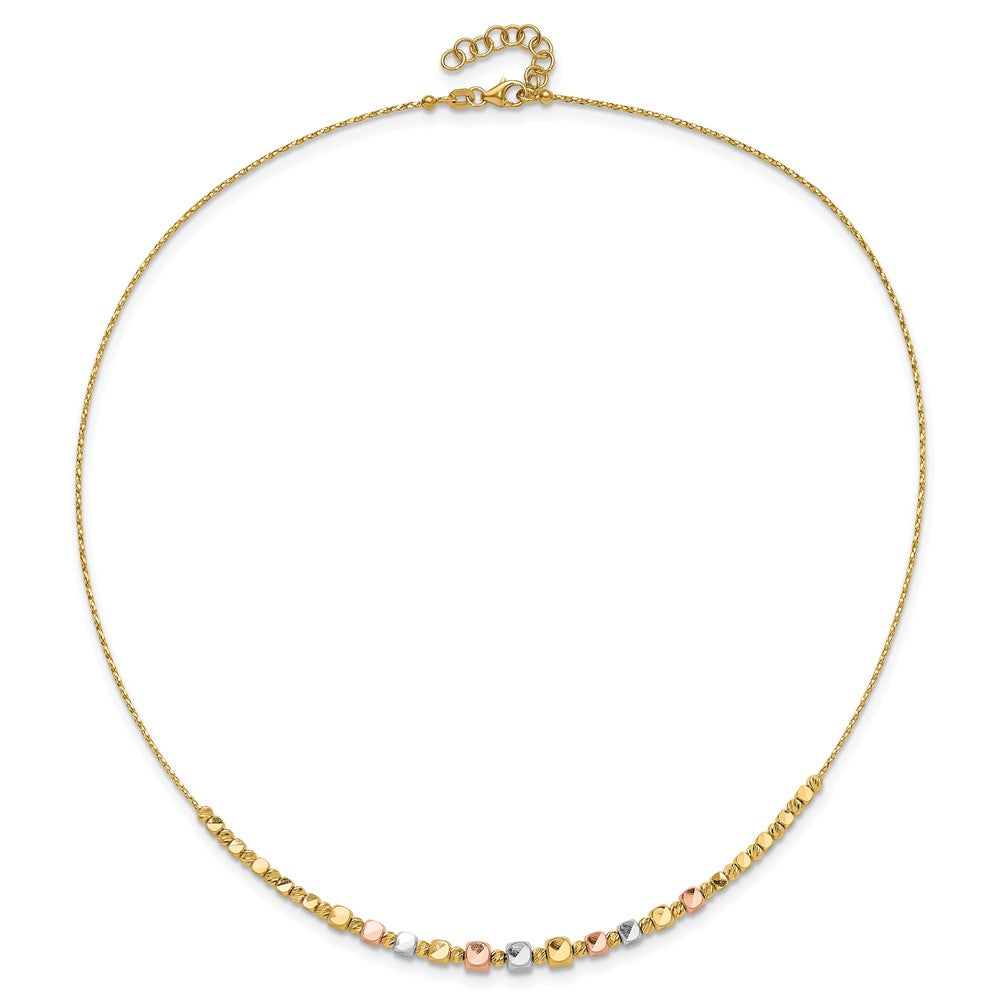 14K Tri Color Polished / Dc Square Beads 1In Ext. Necklace