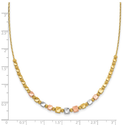 14K Tri Color Polished / Dc Square Beads 1In Ext. Necklace