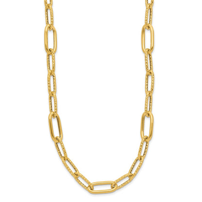 14K Yellow Gold Polished And Textured Fancy Paperclip Link Necklace