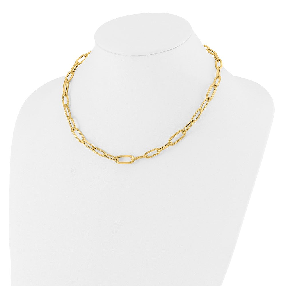 14K Yellow Gold Polished And Textured Fancy Paperclip Link Necklace