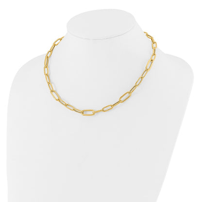 14K Yellow Gold Polished And Textured Fancy Paperclip Link Necklace